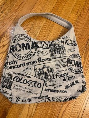 Roma Print Canvas Hobo Bag - Beige/Black